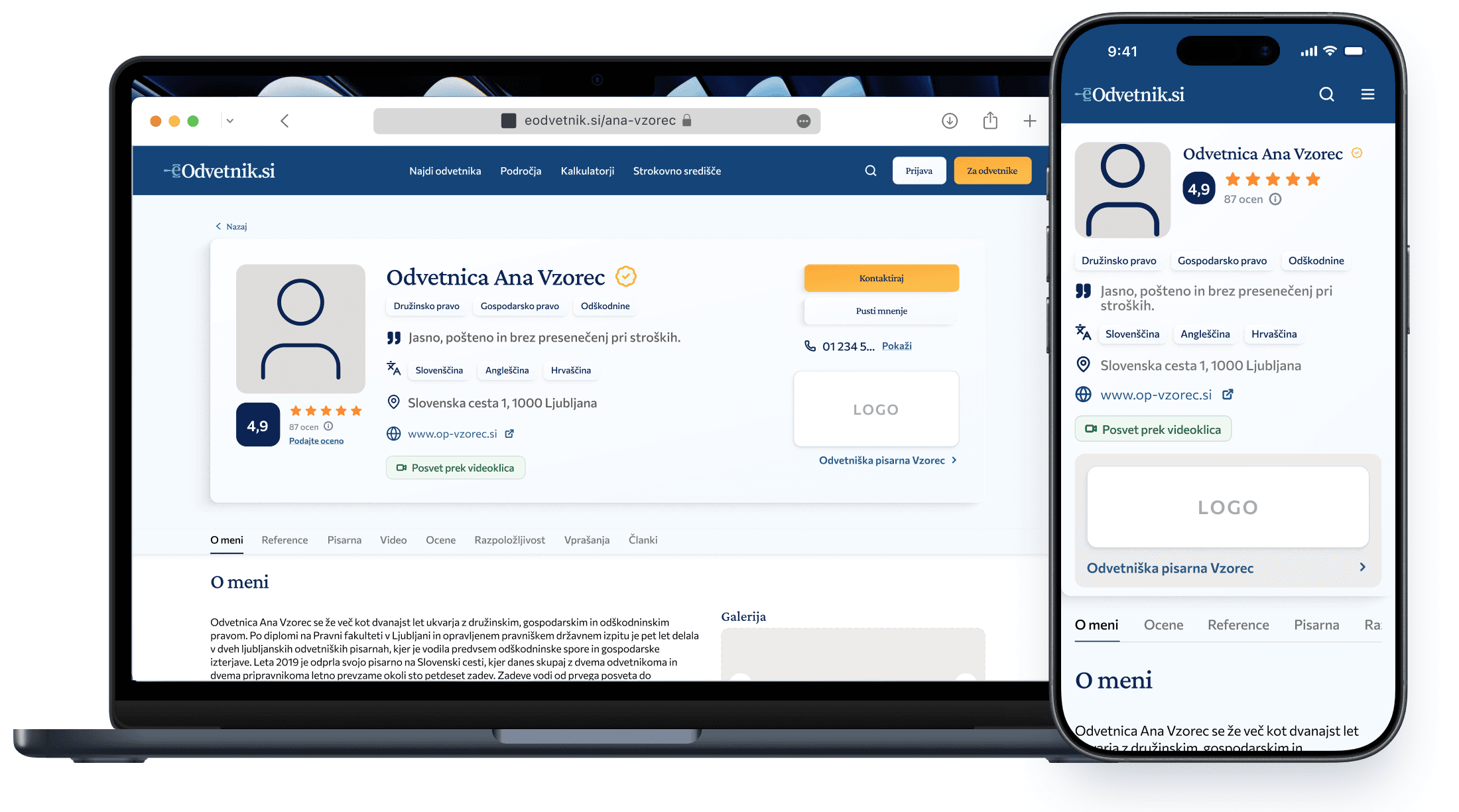 Profil odvetnice Ane Vzorec na prenosniku in telefonu