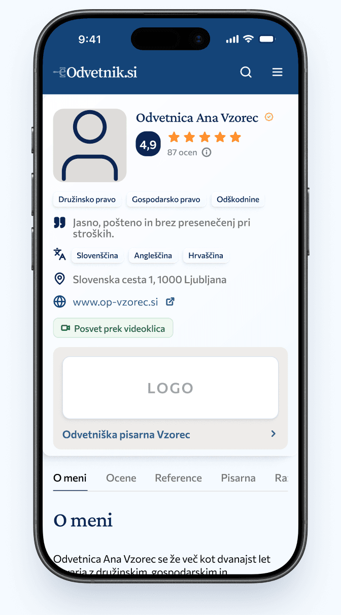 Profil odvetnice Ane Vzorec na prenosniku in telefonu